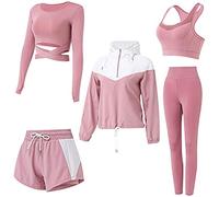 Women's 5PCs Yoga Suit,Sport Suits Activewear Set Gym Kit Fitness Running Workout Clothing Athletic Tracksuits for Yoga Pamela Pilates(Pink B,M)