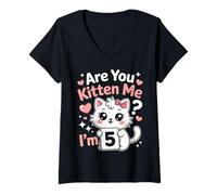 Women's 5Th Birthday are You Kitten Me I'm 5 Cute Cat Party Kitty V-Neck T-Shirt