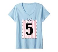 Womens 5th Birthday Fifth Years Old Cute Pink Coquette Bow Girl V-Neck T-Shirt