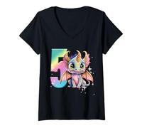 Womens 5th Birthday Shirt Dragon Party Rainbow Girl Dragon Five 5 V-Neck T-Shirt