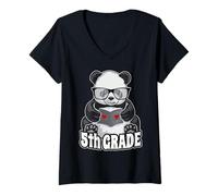 Women's 5th Grade Back to School Panda Book Reader Teacher Heart V-Neck T-Shirt
