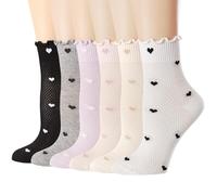 Women's 6-Pack Polka Dot Ruffled Lace Trim Ankle Socks - Cute Crew Socks with Ruffle Details, Breathable Casual Dress Socks for Women Girls (Love Dot)