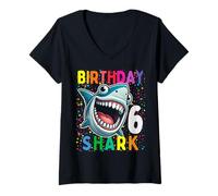 Womens 6 Year Old Kids Shark Birthday Gifting Ideas 6th Six Year V-Neck T-Shirt