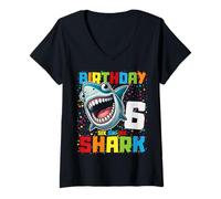 Womens 6 Year Old Kids Shark Birthday Gifting Ideas 6th Six Year V-Neck T-Shirt