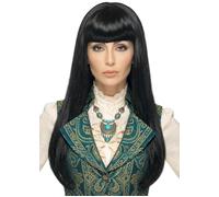 Womens 60s Cher Style Long Black Straight Fringe Wig 1960s Pop Star Fancy Dress