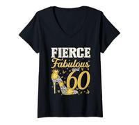 Womens 60th Birthday Fierce Fabulous and 60 Years Old Gifts Women V-Neck T-Shirt