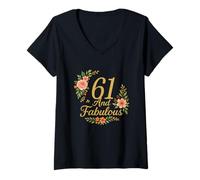 Womens 61 And Fabulous Floral 61st Birthday Celebration Funny V-Neck T-Shirt