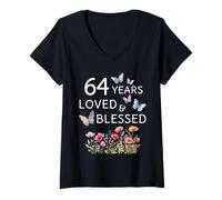 Women's 64 Years Loved Blessed Flower Butterfly Women 64th Birthday V-Neck T-Shirt
