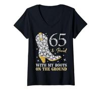 Womens 65 & Proud With My Boots On The Ground 65 Years Old Birthday V-Neck T-Shirt