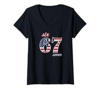 Womens 67 American Flag Six Seven Meme Gen Alpha Slang V-Neck T-Shirt