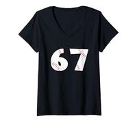 Women's 67 Baseball Stitch Style Number Sports Graphic Design V-Neck T-Shirt