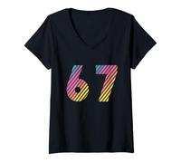 Women's 67 Diagonal African American Pride Stripe Number Design V-Neck T-Shirt