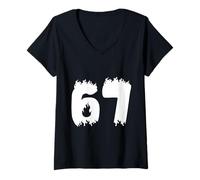 Women's 67 Flame Style Bold Number Fire Graphic Design V-Neck T-Shirt