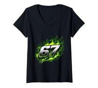 Women's 67 Green Flame Six Seven Meme Brainrot Gen Alpha Slang Youth V-Neck T-Shirt