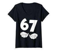 Womens 67 Number Sixty-Seven Funny Hands Meme Teen Kid Matching V-Neck T-Shirt