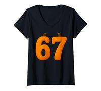 Womens 67 Number Sixty-Seven Six Seven Fall Pumpkin 6 7 Halloween V-Neck T-Shirt