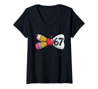 Womens 67 Teacher Pencil Apple Fun Back to School for Educators V-Neck T-Shirt