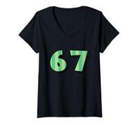 Women's 67 Vertical Field Stripe Number Minimal Graphic Design V-Neck T-Shirt