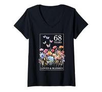 Womens 68 Years Loved Blessed Butterfly Flower Stamp 68th Birthday V-Neck T-Shirt