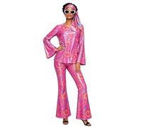 Women's 70s Disco Outfit Shiny Metallic Top Flared Trousers Party Wear | Complete Accessories Set, Glam Style, Comfortable Stretch, UK Themed Party Outfit