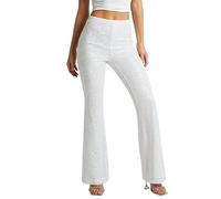 Women's 70s Glitter Casual Trousers, Sequin Flare Trousers, High Waist Bootcut Trousers, Festive Party Trousers, Slim Fit Stretch Trousers, Elegant Sequin Trousers, Sexy Hip Trousers, White, S