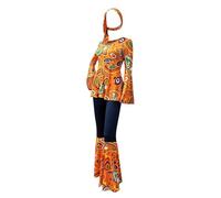 Women's 70s Groovy Babe Costume, Top and Flared Trousers with Flared Trousers, Printed Top, Trousers, Spliced Set with Hijab, Women's Carnival, Rave Party, Clubwear, Theme Parties (Orange, XL)