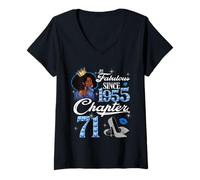 Womens 71st Birthday Black Queen Chapter 71 Fabulous Since 1955 V-Neck T-Shirt