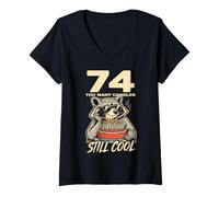 Women's 74 Too Many Candles Still Cool Funny 74th Birthday Raccoon V-Neck T-Shirt