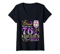 Women's 76th Birthday Queen Blessed by God 76 Fabulous Since 1950 V-Neck T-Shirt