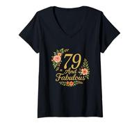 Womens 79 And Fabulous Floral 79th Birthday Celebration Funny V-Neck T-Shirt