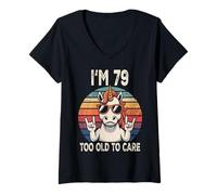 Womens 79th Birthday 79 Years Old Men Women Funny Unicorn Gag V-Neck T-Shirt