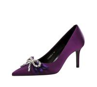 Womens 7cm Satin bow Pointed Toe High Heels Stiletto Pumps (Purple,2)