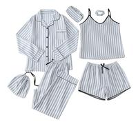 Womens 7Pcs Striped Pajama Set Wrinkles Outfit Full Season Lightweight Button Down Shirts Sleepwear Plush (Grey, L)