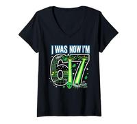 Women's 7th Birthday I was 6 Now I'm 7 Six Seven 67 Space Alien UFO V-Neck T-Shirt
