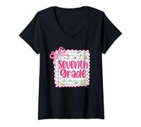 Womens 7th Grade Team First Day of School Seventh Grade Teacher Bow V-Neck T-Shirt