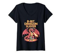 Womens 8-Bit Dragon Slayer - Retro Pixel Art Fantasy Gaming V-Neck T-Shirt