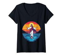Women's 8-Bit Jesus Walking on Water Pixel Art Retro Christian Gamer V-Neck T-Shirt