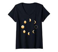 Women's 8 Moon Phases Stargazing Astronomy Night Sky Meme V-Neck T-Shirt, Black, Medium
