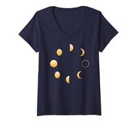 Women's 8 Moon Phases Stargazing Astronomy Night Sky Meme V-Neck T-Shirt, Navy Blue, Medium