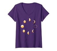 Women's 8 Moon Phases Stargazing Astronomy Night Sky Meme V-Neck T-Shirt, Purple, X-Large