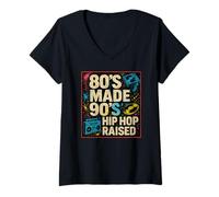 Womens 80’s Made, 90’s Hip Hop Raised Retro Hip Hop Music Design V-Neck T-Shirt