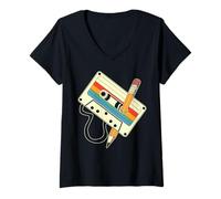 Womens 80s 90s Retro Music Mixtape Cassette Tape Pencil Nostalgia V-Neck T-Shirt