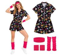 Women's 80s Halloween Costume, Neon Romper with Headband and Leg Warmers | Complete Set, Romper, Headband, 2 Wristbands, 2 Leg Warmers, Neon Geometric Print, Front Zip, Halloween Parties Fancy Dress