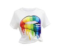 Womens 80s T-Shirt Print Casual Color Lips Graphic Tees Short Sleeve Summer Tops Cheering Team - White - Medium