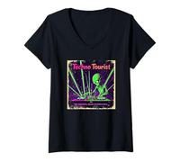 Womens 80s Techno Tourist Alien DJ Rave EDM Festival Outfit V-Neck T-Shirt