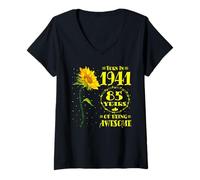 Womens 85th Birthday Awesome 85 Year-Old Sunflower Lovers Born 1941 V-Neck T-Shirt