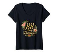 Womens 88 And Fabulous Floral 88th Birthday Celebration Funny V-Neck T-Shirt