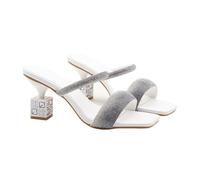 Women's 8cm Block Heel Flip-Flop Sandals - Sparkly Rhinestone Beach Slides for Weddings, Travel, Vacation Outfits, Daily Chic,White,6 UK