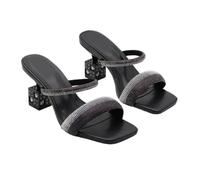 Women's 8cm Block Heel Flip-Flop Sandals - Sparkly Rhinestone Beach Slides for Weddings, Travel, Vacation Outfits, Daily Chic,Black,4.5 UK