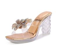 Women's 8CM Transparent Chunky Heel Sandals - Wedding & Evening Party Shoes - for Night Club, Prom & Cocktail Parties,Gold,4.5 UK